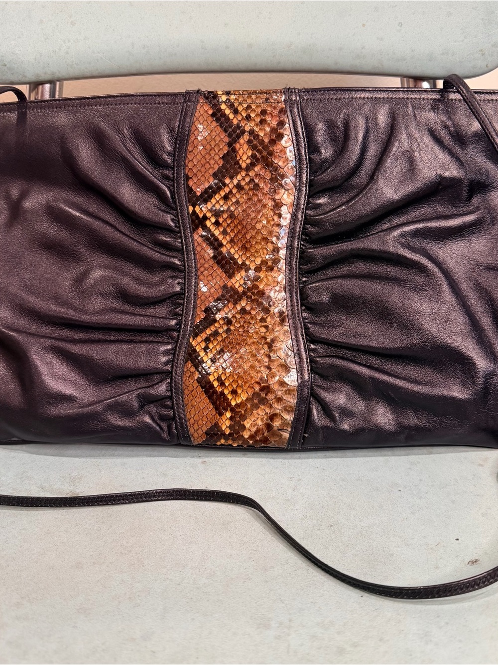 Vintage Black Leather Shoulder Bag with Brown Snakeskin Accent